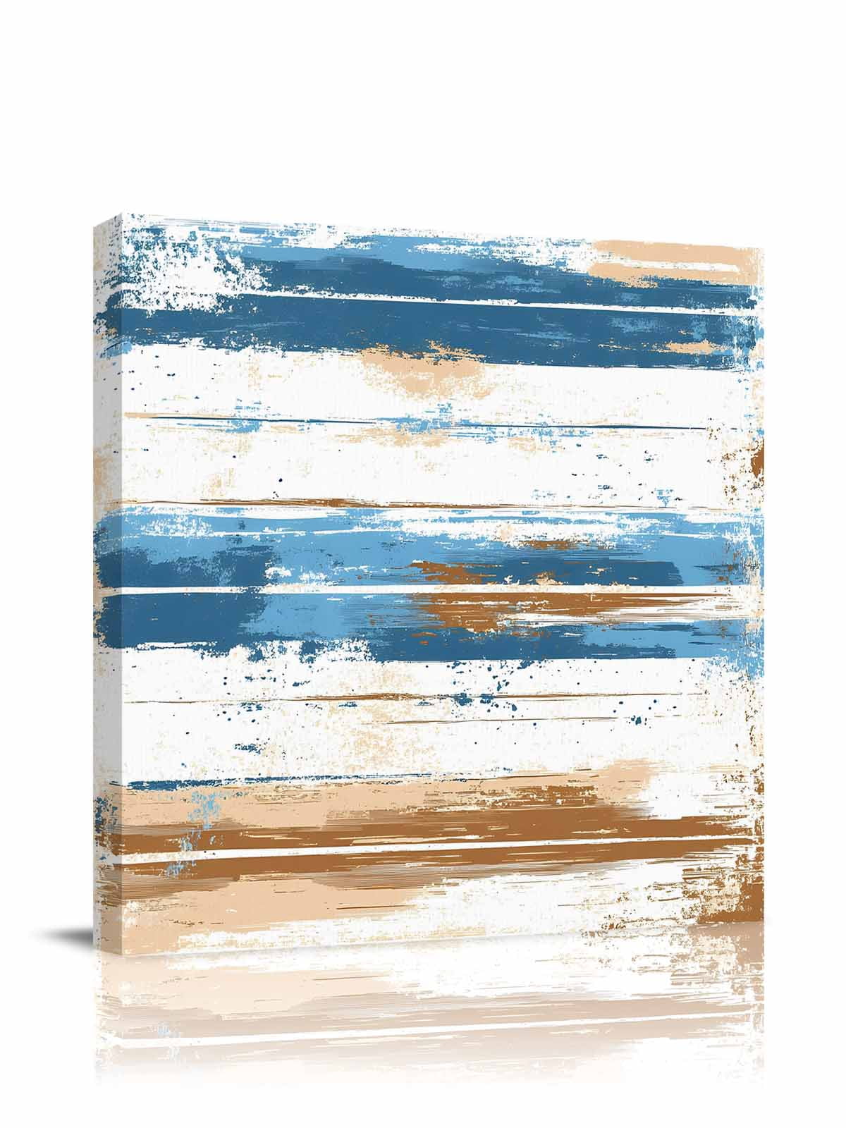 Vintage Blue Canvas Wall Art, Brown Wood Grain Mottled Texture Abstract Art Framed Wall Decor Modern Artwork Prints Painting for Living Room, Bedroom, Kitchen & Cafe Decor 24x24 Inch