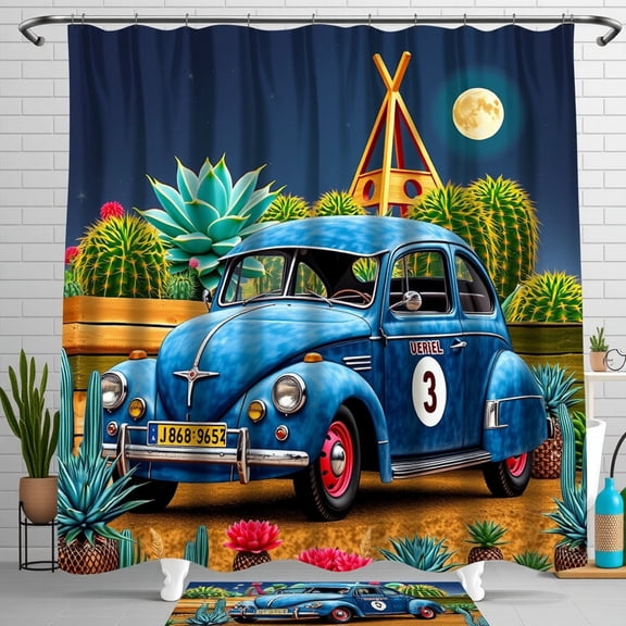Vintage Blue Car Shower Curtain - Retro Desert Scene with Full Moon & Cacti