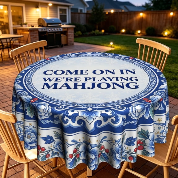 Vintage Blue Ceramic Pattern Mahjong Saying Round Tablecloth, Polyester, Home Table Decor For Family Dinner Gathering