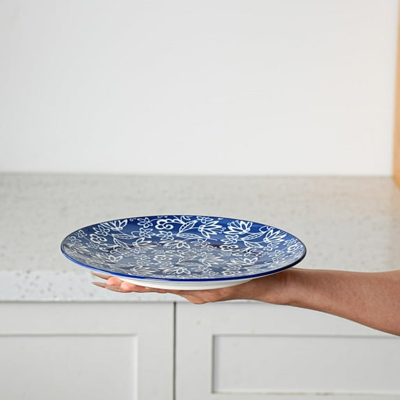 Vintage Blue Ceramic Salad Plates Set - 8.5 Inch Round Dessert Dishes for Kitchen, Microwave Oven Dishwasher Safe, Scratch Resistant Porcelain, Set of 6