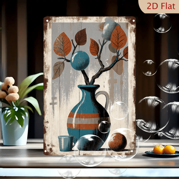 Vintage Blue Ceramic Vase with Autumn Leaves and Fruits 8x12 inch Metal Wall Art, Rustic Distressed Paper Texture Retro Still Life Decor for Living Room