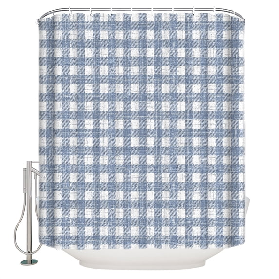 Vintage Blue Check Bathroom Shower Curtains with 12 Hooks Polyester Waterproof Shower Curtain for Stalls and Bathtubs Buffalo Plaid Farmhouse Country Stripe Decorative Bathroom Curtain 48x72 Inches