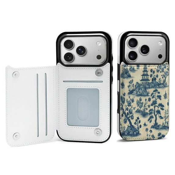 Vintage Blue Chinoiserie Toile Boat Leather Wallet Case for iPhone 16 Pro Wallet Case Card Holder Flip