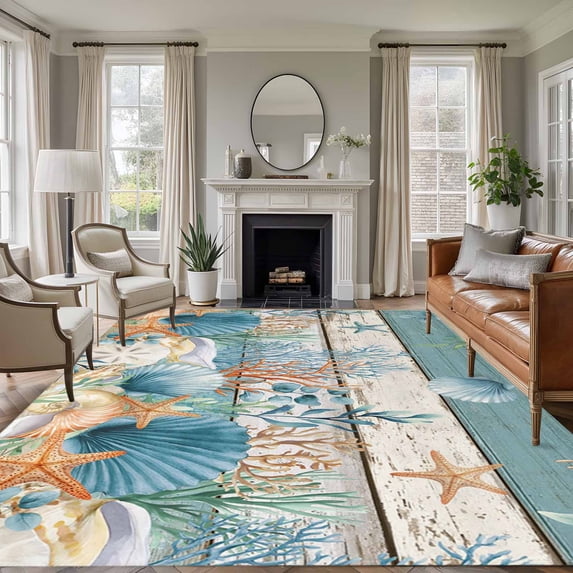 Vintage Blue Coastal Area Rugs 5'x8', Small Throw Rugs for Classroom Bedroom, Summer Beach Starfish Shell Coral Nautical Indoor Outdoor Rug Non-Slip Low Pile Carpet Runner Reversible Floor Mats