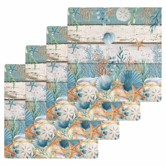 Vintage Blue Coastal Kitchen Dish Towels for Drying Dishes Set of 4, Summer Beach Starfish Shell Coral Nautical Waffle Weave Microfiber Hand Tea Bathroom Towels Quick Dry & Absorbent Towel 12x12