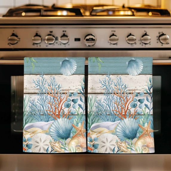 Vintage Blue Coastal Kitchen Towels Set of 1, Summer Beach Starfish Shell Coral Nautical Absorbent Dish Towels for Kitchen, Microfiber Hand Towel, Quick Drying Tea Towel for Cleaning Dishcloths