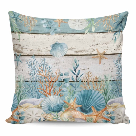 Vintage Blue Coastal Pillow Covers 18x18 Inch Decorative Throw Pillow Cover, Summer Beach Starfish Shell Coral Nautical Sofa Pillowcases Accent Cushion Case Home Decor Bedroom Living Room
