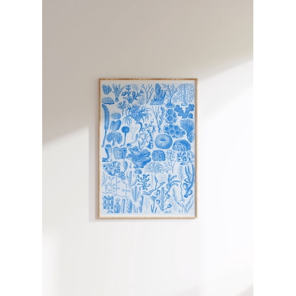 Vintage Blue Coral Print Coastal Cowgirl Wall Art Unframed Canvas 8x10in