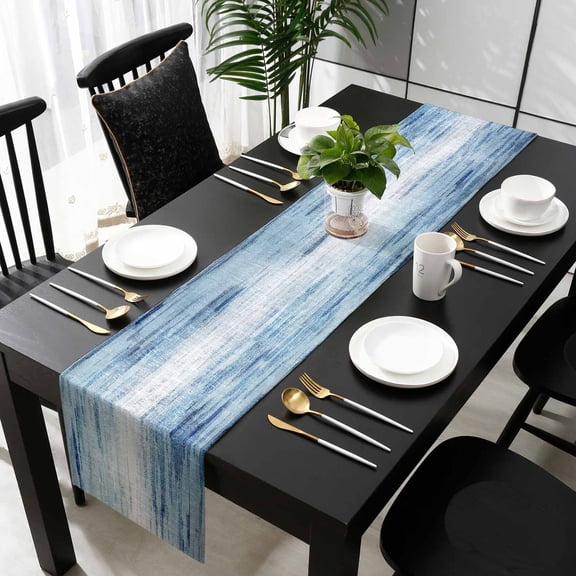 Vintage Blue Cotton Linen Table Runner 18 x 72 inch Retro Blue Ombre Modern Abstract Art Non-slip Rectangular Dining Table Decor for Wedding Party Holiday Dinner