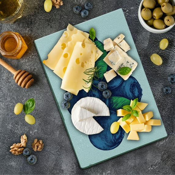 Vintage Blue Cutting Board, Retro Style Hand Drawn Art of Blueberry Fruit with Leaves, Decorative Tempered Glass Cutting and Serving Board, Small Size, Pale Blue Navy Blue, by Ambesonne