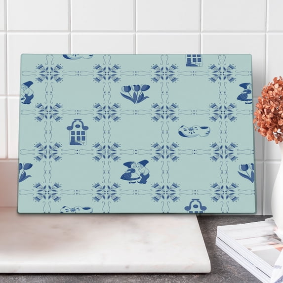 Vintage Blue Cutting Board, Symbolic Dutch Cultures with Clogs Canal Houses and Tulips, Decorative Tempered Glass Cutting and Serving Board, Large Size, Violet Blue and White, by Ambesonne