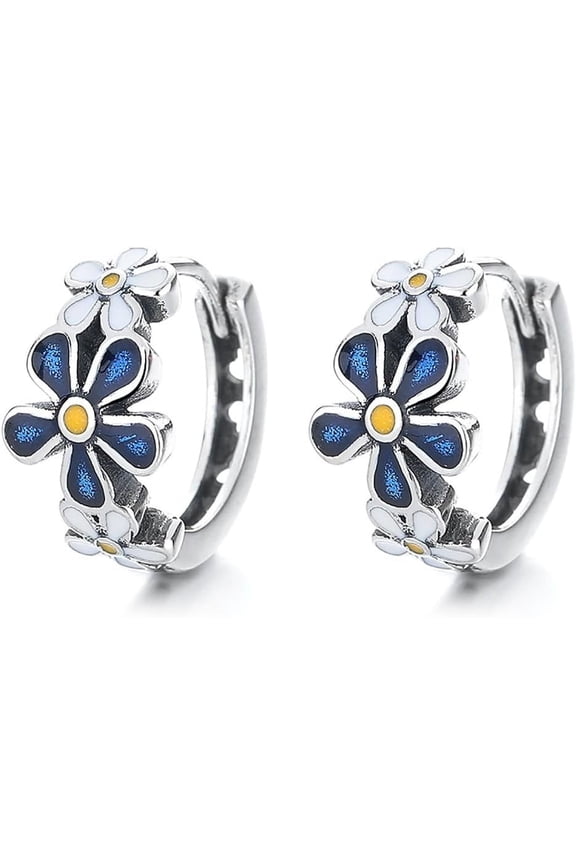 Vintage Blue Daisy Flower Small Hoop Earrings for Women 925 Sterling Silver Daisy Huggie Hinged Hoops Cartilage Earrings Elegant Ear Jewelry Gifts for Birthday Party