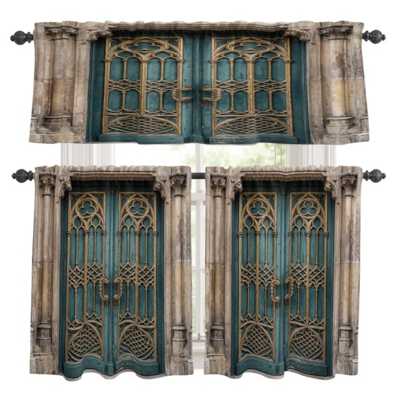 Vintage Blue Door Kitchen Curtains Set for Windows, Flower Pattern Abstract Retro Gate Curtains Valance and Tier 3 Piece Set Small Drapes 36 Inch Length for Kitchen Bedroom Decor