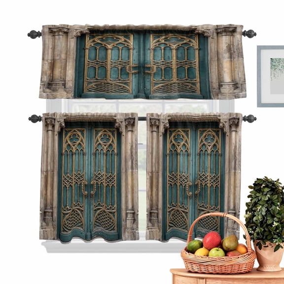 Vintage Blue Door Kitchen Curtains Valances 3 Piece Set, Flower Pattern Abstract Retro Gate Rod Pocket Tier Curtain and Valance Drapes for Small Window 36 Inch Length for Bedroom Cafe