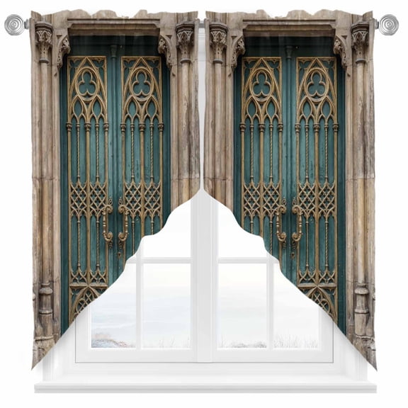 Vintage Blue Door Swag Kitchen Curtain Valances, Flower Pattern Abstract Retro Gate Rod Pocket Curtains Window Treatment Decor Valances for Bedroom Bathroom, 2 Panels 36 x 63 Inch