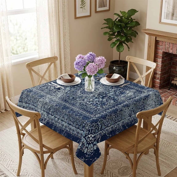 Vintage Blue Ethnic Figure Square Tablecloth 54x54 Inch Medieval Retro Style Turkish Texture Waterproof Tablecloth for Dining Table, Washable Table Cover for Kitchen Dining Room,Stain Resistant