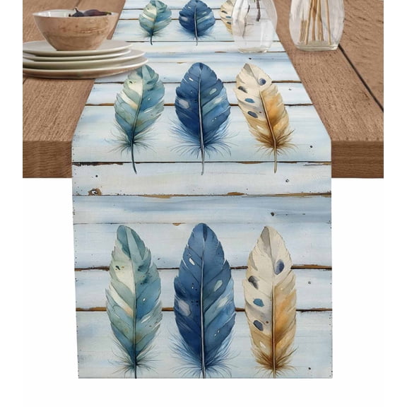 Vintage Blue Feathers Table Runner 36 Inches, Boho Retro Wooden Grain Bed Runner Dresser Scarves Tabletop for Indoor Outdoor Parties/Ceremony/Banquet, 13"x 36"