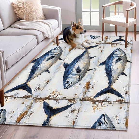 Vintage Blue Fish Area Rug 4x6 Washable Rug Non Slip Coastal Nautical Beach Wooden Large Area Rug Indoor Floor Carpet for Entryway Bedroom Kitchen Living Room Home Office Dining Room Nursery