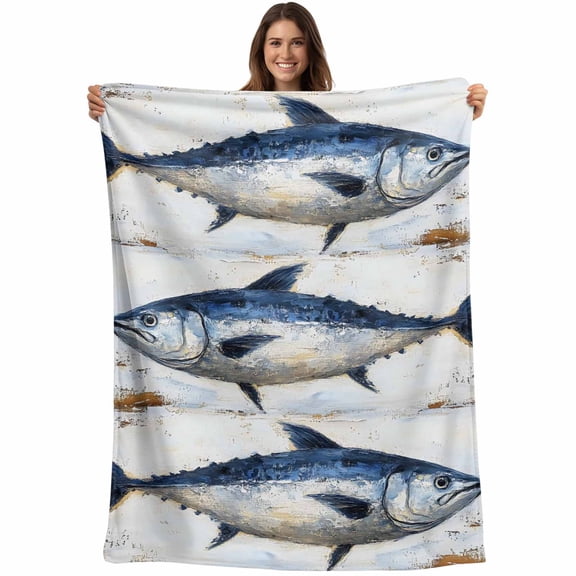 Vintage Blue Fish Blanket Soft Cozy Warm Throw Blanket for Couch, Plush Fuzzy Flannel Fleece Blankets for Sofa, Coastal Nautical Beach Wooden Bed Blankets Lightweight Gifts for Women, 30"x40"