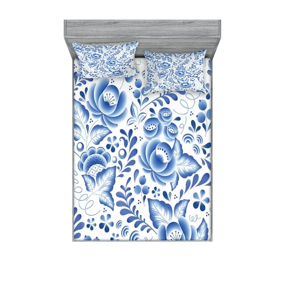 Vintage Blue Fitted Sheet & Pillow Sham Set, Ukrainian Style Traditional Motif Floral Pattern with Berries Leaves, Decorative 6 Piece Bedding Decor Set, Calking, Cobalt Blue White, by Ambesonne