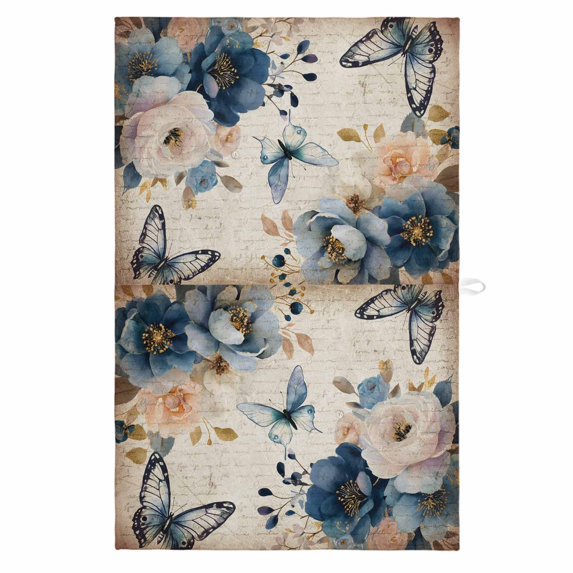 Vintage Blue Floral 1 Pack Kitchen Towel, Water Absorbent Dish Towel, Butterflies Watercolor Flower Tan Decorative Hand Towels - Quick Drying Cloth for Cooking Baking, 18x28 Inch
