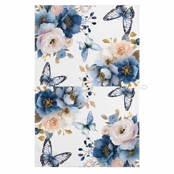 Vintage Blue Floral 1 Pack Kitchen Towel, Water Absorbent Dish Towel, Farmhouse Watercolor Flower Butterflies Decorative Hand Towels - Quick Drying Cloth for Cooking Baking, 18x28 Inch