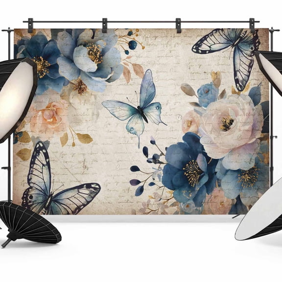 Vintage Blue Floral Backdrop for Photography,Fabric Photo Background Backdrop,Butterflies Watercolor Flower Tan Photo Booth Background for Portrait Photoshoot Video Wedding Studio Decor Banner 10x8ft