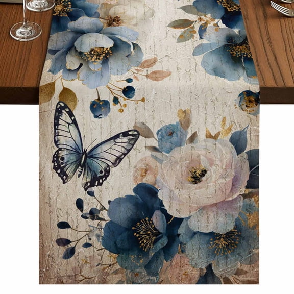 Vintage Blue Floral Burlap Cotton Table Runner 13x70 Inches Long, Butterflies Watercolor Flower Tan Farmhouse Table Runners, Outdoor Dining Tablecloths Decor for Baby Shower/Party/Wedding