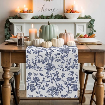 Vintage Blue Floral Cotton Linen Table Runner, Washable Table Runners for Kitchen, Dining Room, Holiday, Home Party Table Decor, 13x120 Inches