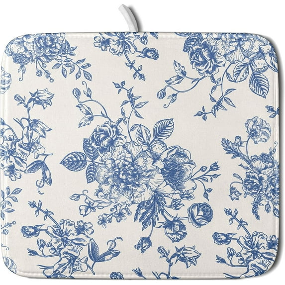 Vintage Blue Floral Dish Drying Mat for Kitchen Counter 18x24 Inch Chinoiserie Flowers Absorbent Reversible Microfiber Dish Pad Dish Drainer Rack Mats Countertops Protector Mat