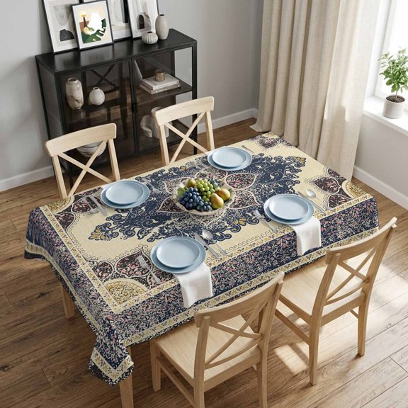 Vintage Blue Floral Figure Rectangle Tablecloth 52x70 Inch Medieval Ethnic Style Turkish Texture Waterproof Tablecloth for Dining Table, Washable Table Cover for Kitchen Dining Room,Stain Resistant