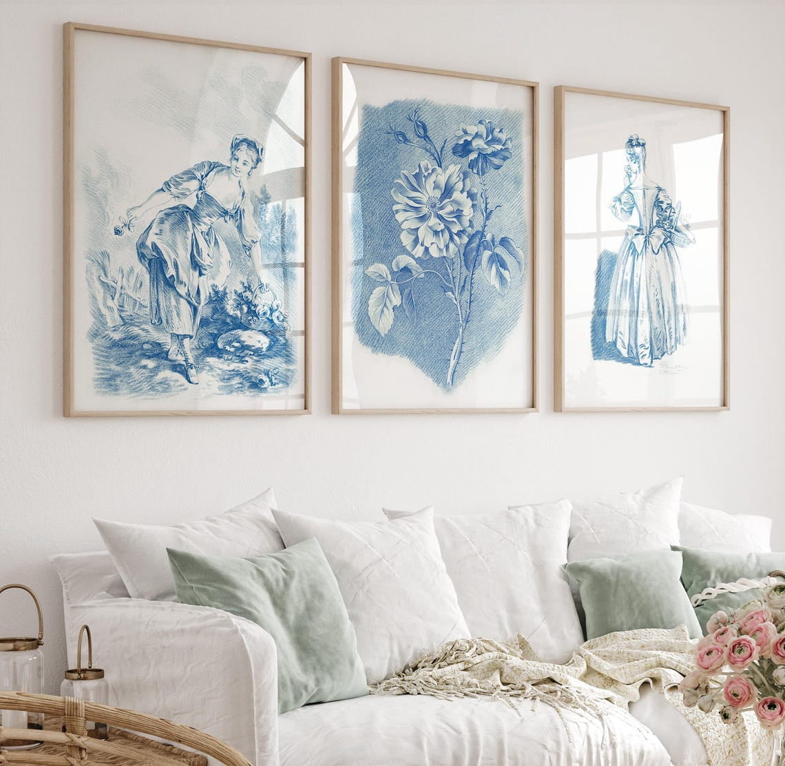 Vintage Blue Floral French Country Rose Bouquet Wall Art Print ...