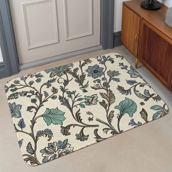 Vintage Blue Floral Front Door Mat Indoor Entrance, Farmhouse Indian Flower Ethnic Pastoral Absorbent Dirt Resist Welcome Mats Non-Slip Low-Profile Doormat Washable Indoor Outdoor 17x30 Inch