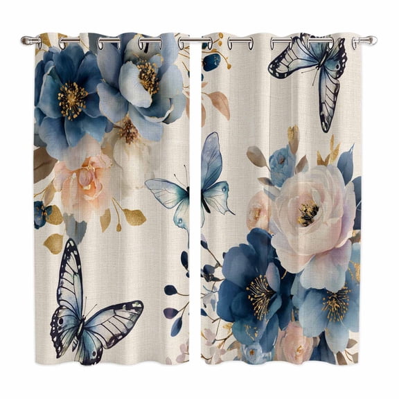 Vintage Blue Floral Kitchen Curtains Window Panels, Butterflies Watercolor Flower Linen Insulated Window Treatment Curtain, Grommet Curtains for Bedroom/Living Room/Bathroom, 2 Piece 52"Wx84"L