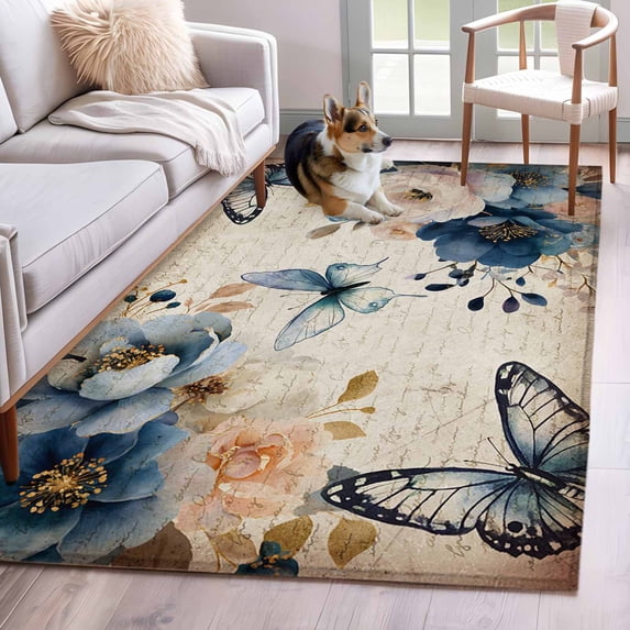 Vintage Blue Floral Kitchen Runner Rug 2.7x5 Washable Runners for Hallway Non Slip Butterflies Watercolor Flower Tan Large Area Rug Indoor Floor Carpet for Bathroom Laundry Entryway Bedroom