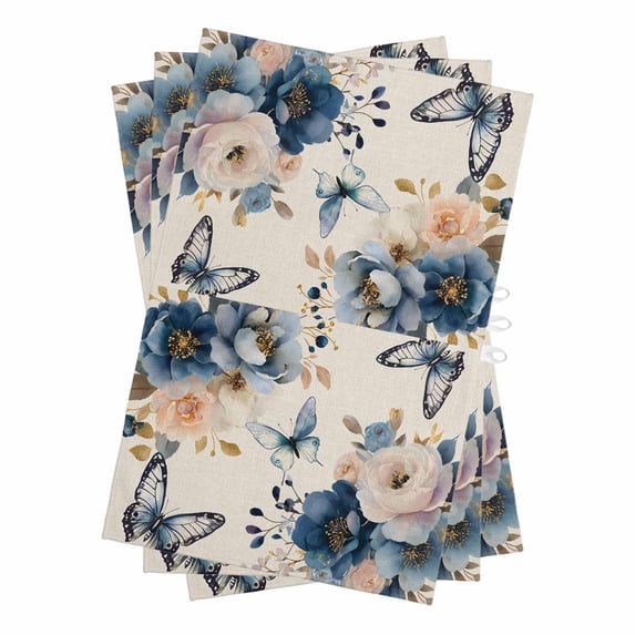 Vintage Blue Floral Kitchen Towels Set of 3, Water Absorbent Dish Towel, Butterflies Watercolor Flower Linen Decorative Hand Towels - Quick Drying Cloth for Cooking Baking, 18x28 Inch