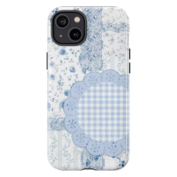 Vintage Blue Floral Patchwork Phone Case, Soft Pastel Gingham Design, Cottagecore Aesthetic iPhone Cover for iPhone 16 15 14 13 12 11 Pro Max Mini