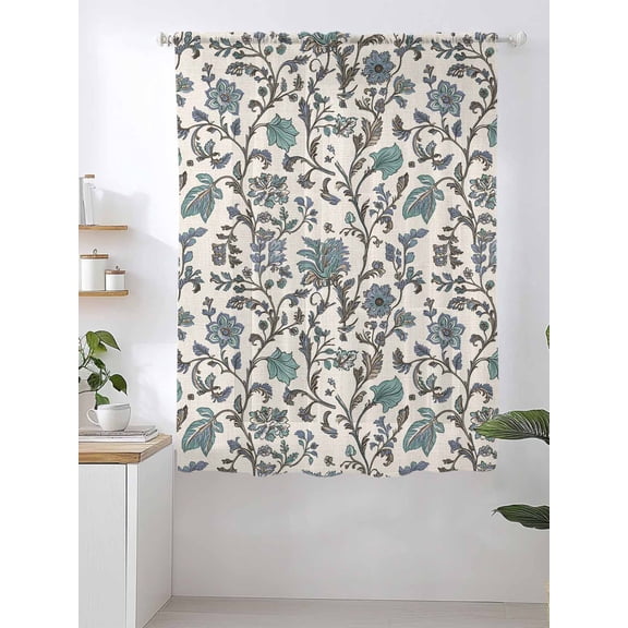 Vintage Blue Floral Sheer Curtains 72 Inch Long 1 Panel Farmhouse Indian Flower Ethnic Pastoral Light Filtering Curtain Drapes Rod Pocket Voile Window Curtain for for Living Room Bedroom 52" x 72"