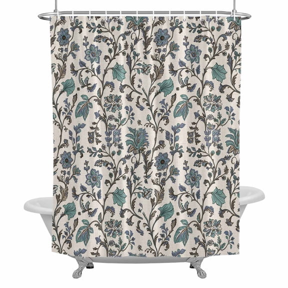 Vintage Blue Floral Shower Curtain for Bathroom, Farmhouse Indian Flower Waterproof Cloth Fabric Bathroom Accessories Set with 12 Rust Proof Plastic Hooks, 72"x72"