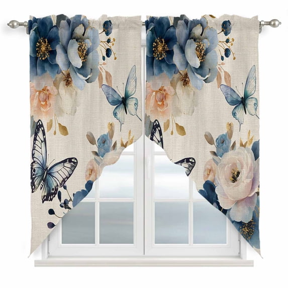 Vintage Blue Floral Swag Valances for Windows 2 Pack, Kitchen Window Curtains 36 Inch Length, Butterflies Watercolor Flower Linen Privacy Swag Curtains for Living Room/Bathroom 36"x36"