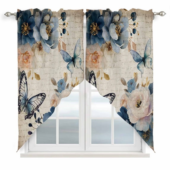 Vintage Blue Floral Swag Valances for Windows, Kitchen Window Curtains Over Sink, Butterflies Watercolor Flower Tan Window Treatment Curtains for Living Room/Bedroom Curtains 2 Panel Sets 36"x45"