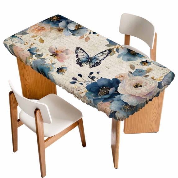 Vintage Blue Floral Table Cloths for 6 Foot Rectangle Tables, Butterflies Watercolor Flower Tan Patio Waterproof Elastic Fitted Tablecloths, Washable Rectangular Table Cover for Camping