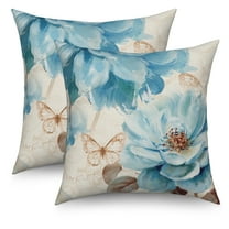 Vintage Blue Floral Throw Pillow Covers 18x18 Set of 2,Butterfly Flowers Farmhouse Pillowcases for Sofa Couch Living Room