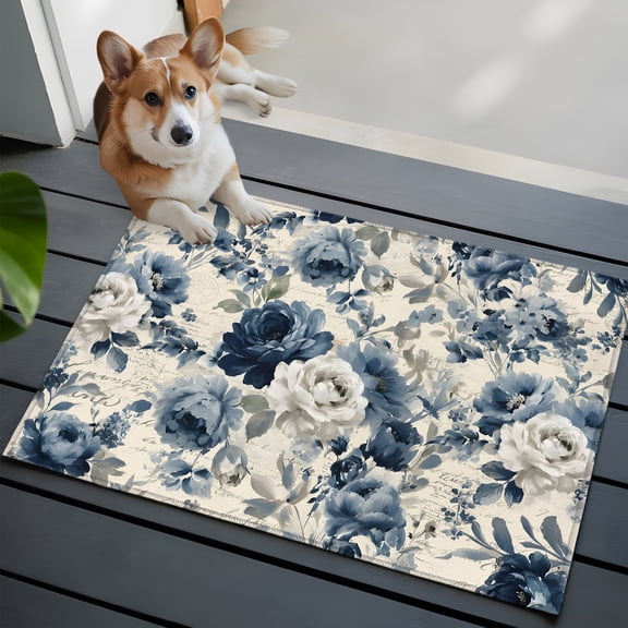 Vintage Blue Floral Washable Entry Rug 2x3 Romantic White Rose Botanical Country Low Pile Indoor Door Mat with Rubber Backing Thin Area Rug for for Entrance, Bedroom, Kitchen, Laundry, Bathroom