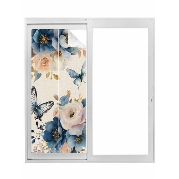 Vintage Blue Floral Window Privacy Film, Butterflies Watercolor Flower Linen Static Cling UV Sun Blocking Tint Film Heat Control Windows Films for Bedroom Bathroom, Window Stickers 17.7"x39.3"