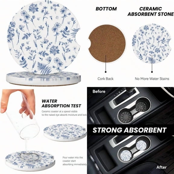 Vintage Blue Flower Car Coasters For Cup Holder Absorbent Ceramic Cup Coaster 2 Pack Anti Slip Car Interior Accessories With Finger Notch Cork Base For Women Men 2.56