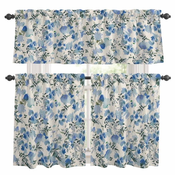 Vintage Blue Flower Kitchen Curtains Sets for Windows 24 Inch Length, Farmhouse Botanical Floral Retro Rod Pocket Window Treatments Tier Curtains and Valances Set for Bedroom/Bathroom