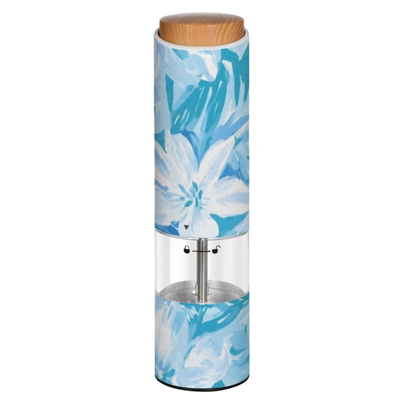 Vintage Blue Flower Printed Electric Pepper Mill One-Touch Battery Operated Salt Grinder Adjustable Coarseness Decorative Counter Spice Tool