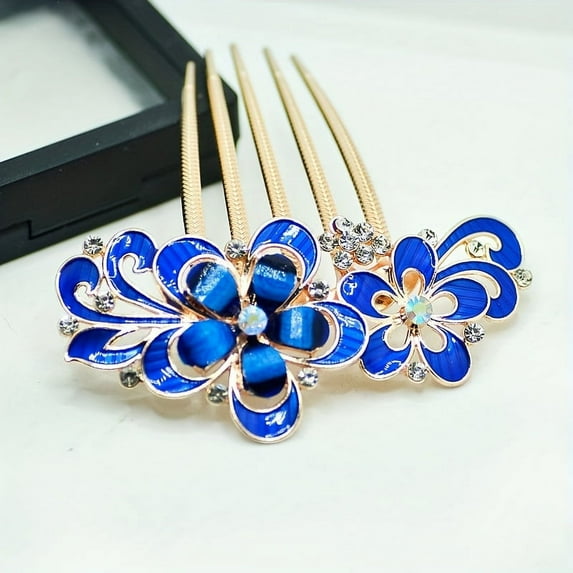 Vintage Blue Flower Rhinestone Hair Comb - Crystal Bridal Hair Side Comb Clip for Women and Girls - Perfect for Weddings and Special Occasions