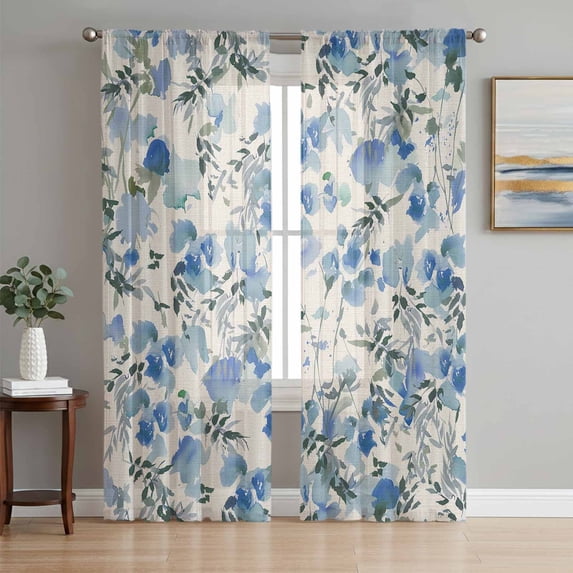 Vintage Blue Flower Sheer Curtains 63 Inch Length 2 Panels Set, Farmhouse Botanical Floral Retro Voile Window Treatment Rod Pocket Curtains Sheers Drapes for Bedroom/Living Room/Kitchen 52x"63"x2